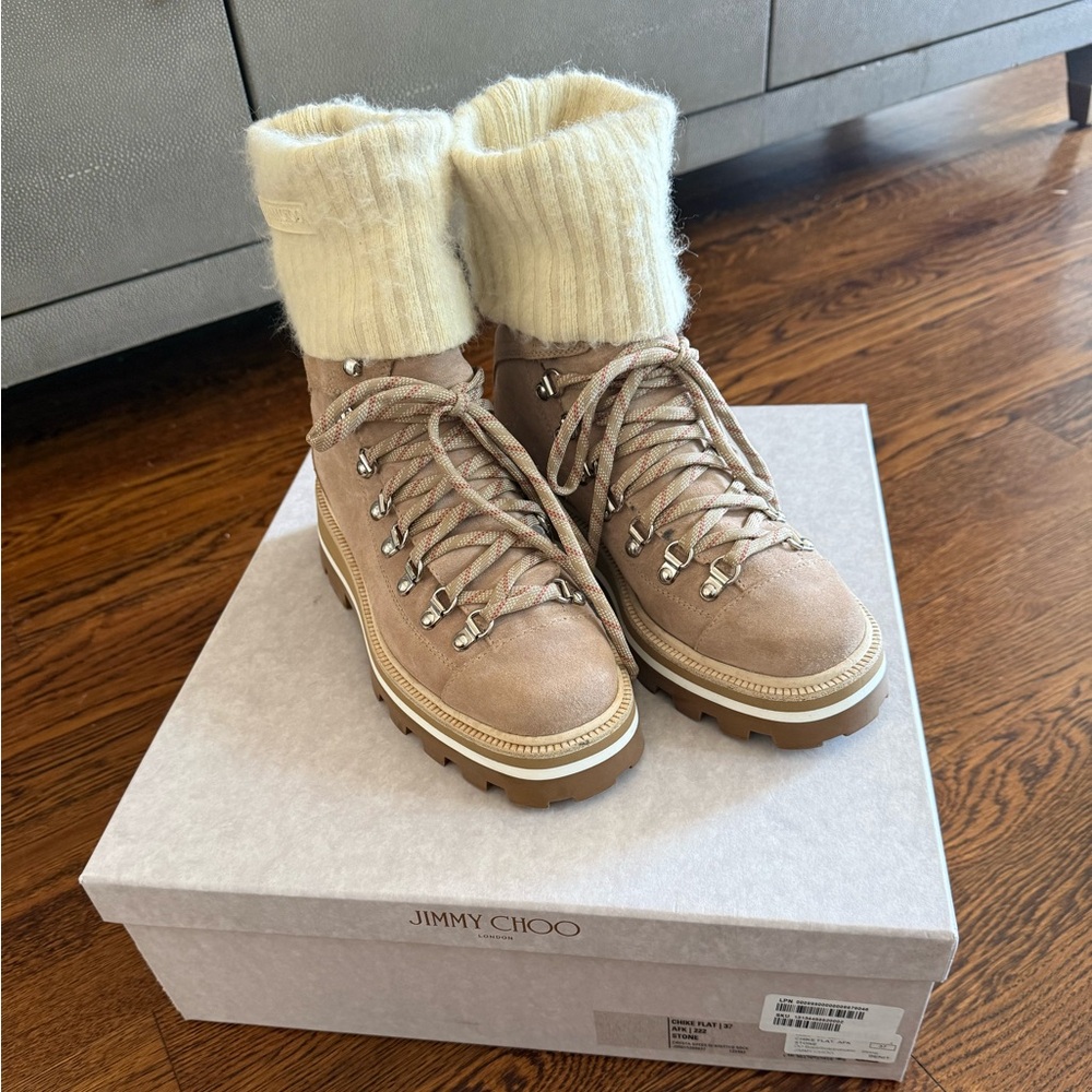 Jimmy Choo Chike Winter Boots in stone color with Cream Accents